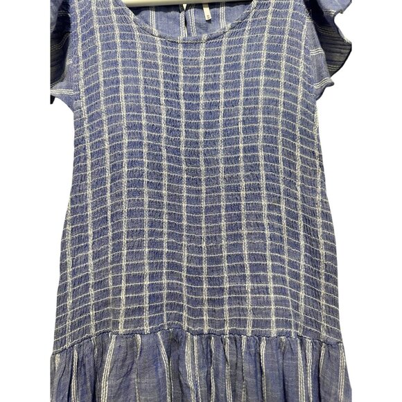 Free People Chambray Striped Dress Medium Pastel Blue Smocked Waist Ruffle Boho - Picture 11 of 16